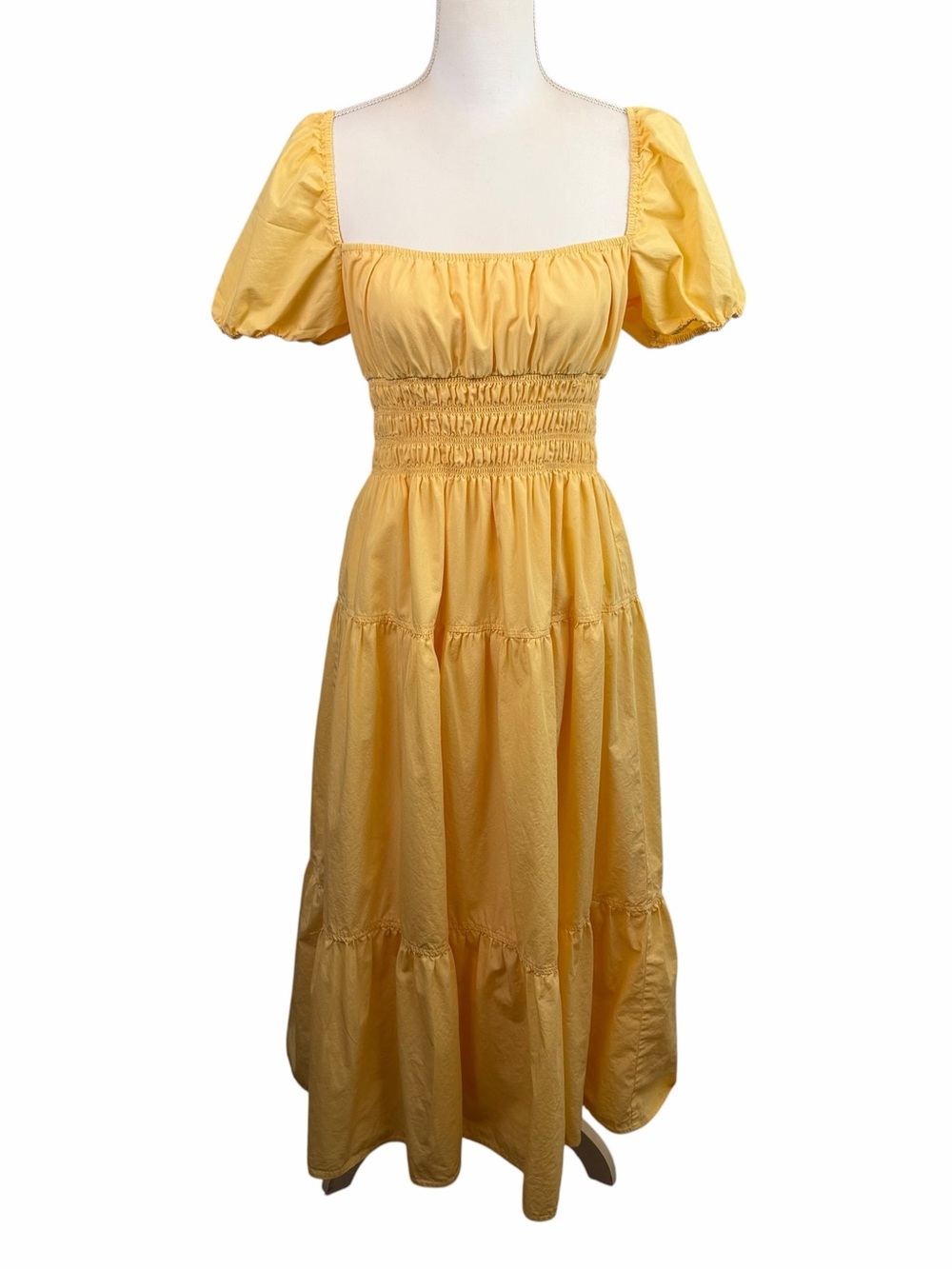 Aritizia Wilfred | Allegora Butter Yellow Poplin Tiered Midi Dress